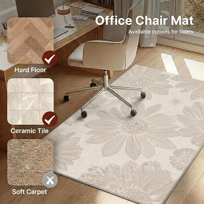 36"x60" Office Chair Mat for Hardwood Tile Floor, Under Desk Carpet Protector for Rolling Computer Chair Mat, Machine Washable Area Rug, Anti-Slip 1/5" Thick Low Pile Thin Vinyl Floor Mat, Dusty Beige