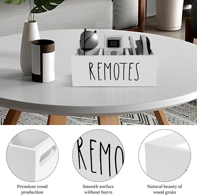 Remote Control Holder, Wooden TV Remote Holder for Table, 3-Compartments Bedside TV Controller Caddy, Wood Remote Organizer Box, Multi-functional Media Organizer Tray for Home Bedroom Nightstand