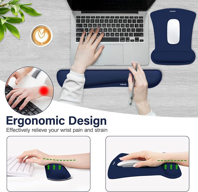 MOSISO Wrist Rest Support for Mouse Pad & Keyboard Set, Ergonomic Mousepad Non-Slip Base Home/Office Pain Relief & Easy Typing Cushion with Neoprene Cloth & Raised Memory Foam, Navy Blue