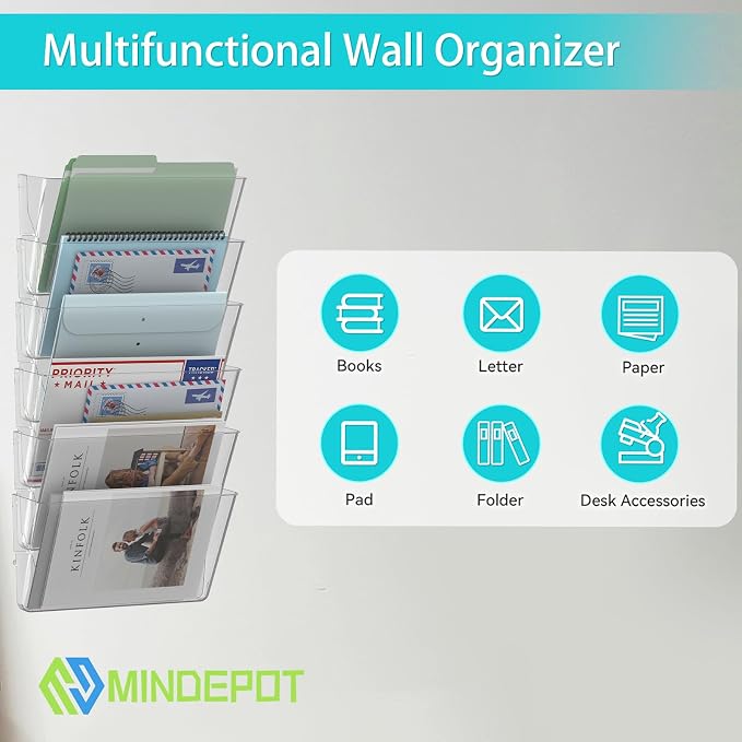 MINDEPOT 6 Pockets Acrylic Wall File Organizer Clear File Holder for Office | Acrylic Wall File Organizer Clear File Holder for Office