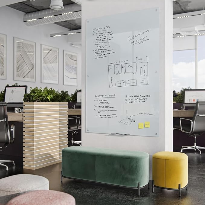 U Brands Magnetic Glass Dry Erase Board, Office Supplies, White, with Eraser, Markers, Magnet, 18” Tray, 5mm, 48” x 72”