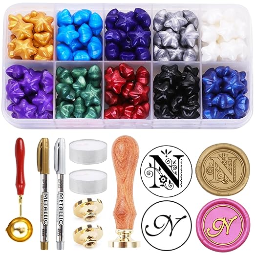 Wax Seal Kits, 200pcs Assorted Beads and 2pcs Initial Alphabet N Wax Seal Stamp for Wedding Invitations Gift Wraps Envelopes and Christmas Cards (Alphabet N Kit)