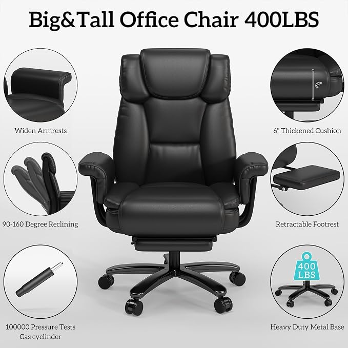 GYI 160 Reclining Office Chair with Footrest, Big & Tall Desk Chair, Black | Cross Legged Seat, High Back, Faux Leather, Heavy Duty Base, Adjustable Height, for Home, Executive