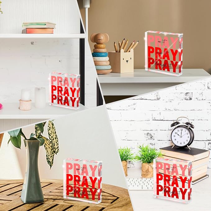 Red Dorm Room Decor for Women, Ideal Christian Gifts for Women - Pray On It,Pray Over It - Bible Verse Desk Art, Inspirational Decor, Desk Decorations for Office, 4 x 4 inches（Red）
