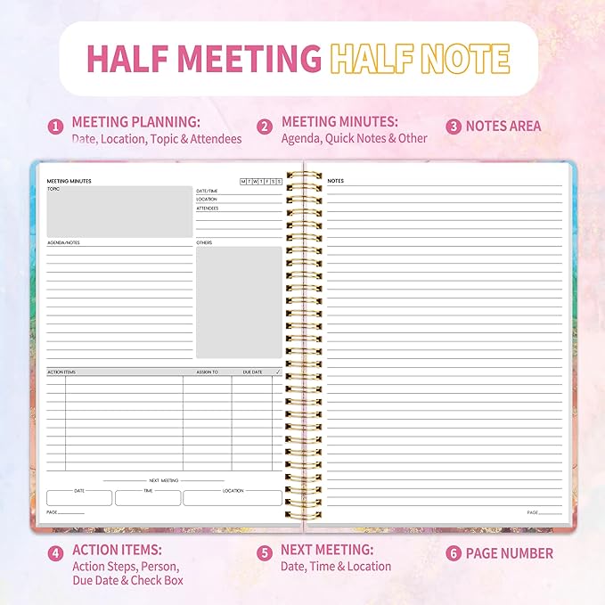 SUNEE Half Meeting Half Note - 7.5"x10" Professional Notebooks for Work - 160 Pages, B5 Size Project Planner, Spiral Meeting Agenda/Minutes Organizer for Women Men, Note Taking, Office & Business