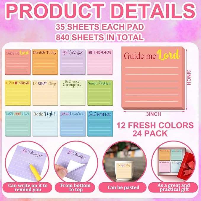 Yinder 24 Pcs Inspirational Sticky Notes Thank You Gift Motivational Sticky Note Pad Employee Appreciation Gift Bulk for Staff Coworker Teacher Nurse Office Groups 3 x 3'' (Bible,Light Color)