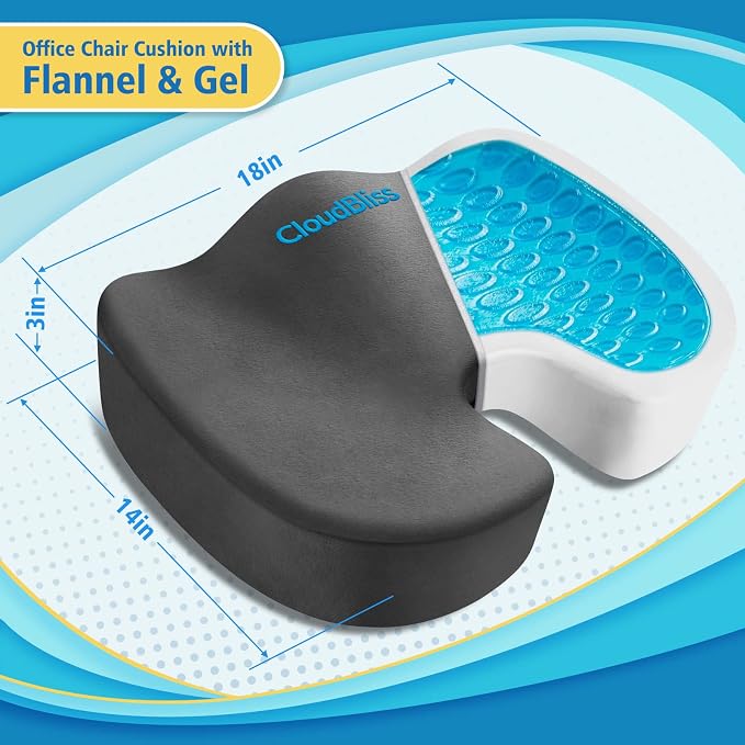CloudBliss Gel Memory Foam Seat Cushion for Long Sitting, X-Large, Grey | Gel Chair Pad for Tailbone, Coccyx, Sciatica , Soft Suede Cover, Non-Slip , Washable Mesh, for office, home, car