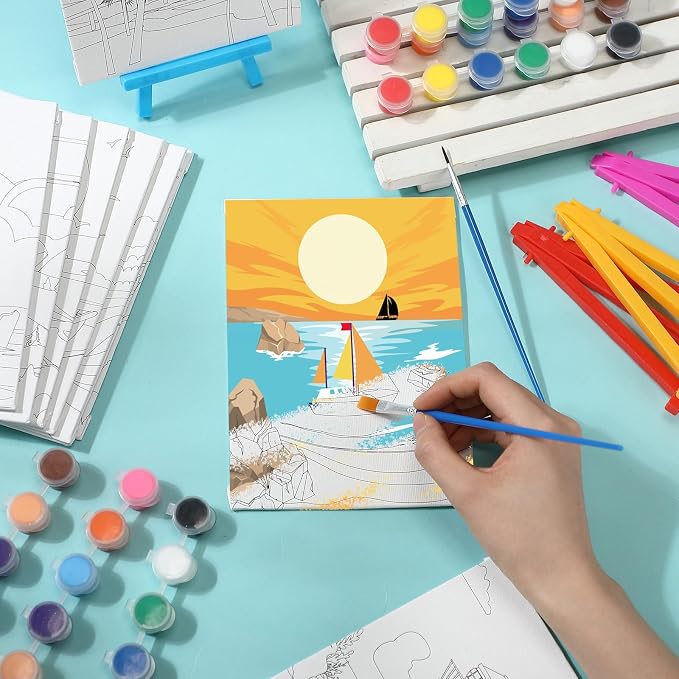 Blosssound 10 Set Pre Printed Canvas Pre Drawn Canvas Painting with Easel Kits 5" x 7" Outline Painting Panels for Beginners, DIY Craft Project, Home Decors(Summer)