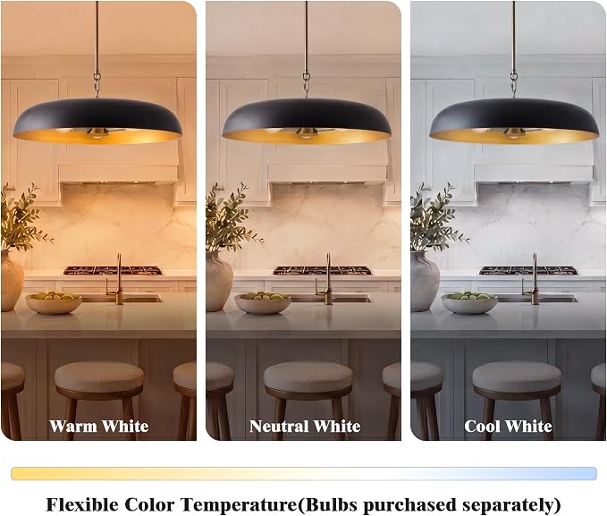 Large Pendant Lights Kitchen Island 20.4in, Black Gold Dining Room Fixture | 3-light hanging dome chandelier, modern all-metal frame, adjustable 18-54in downrod, E12 40W base, for over table bar cafe