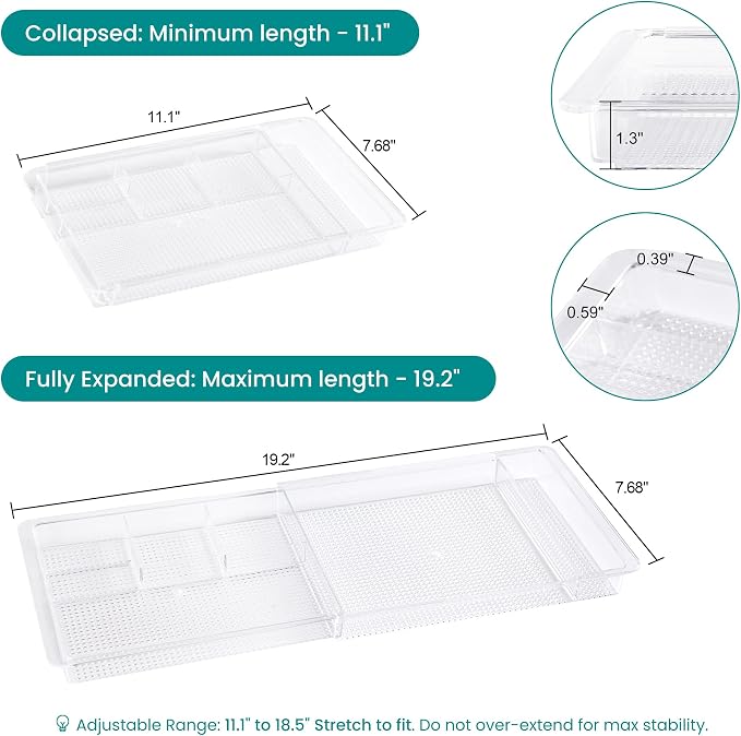 Oubonun Expandable Drawer Organizer 11.1” to 19.2” Width, Shallow Cosmetic Organizer 1.3” Height, 2 Packs, Clear Plastic Storage Trays for Dressing Table,Bathroom