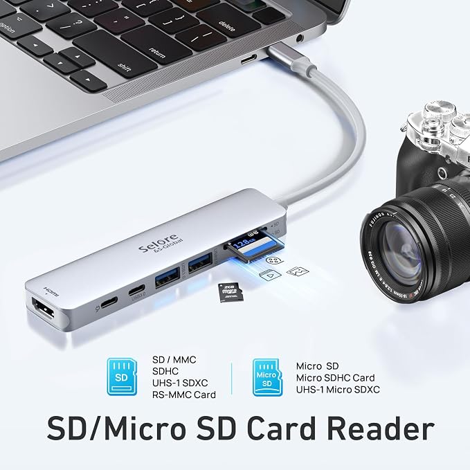 Selore&S-Global USB C Hub HDMI Adapter for MacBook Pro/Air, 7 in 1 USBC Dongle with HDMI, microSD/SD Reader, USB C Data Port,100W PD and 2 USB 3.0 Compatible for MacBook Pro/Air(Light Sliver)