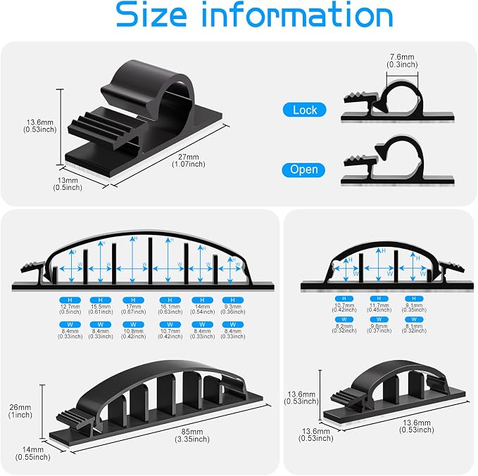 XHF 30pcs Adhesive Cable Wire Clips Kit Black, Outdoor Cable Management Wire Organizer Cord Holder for Under Desk, Car, Wall, TV PC Ethernet Cable