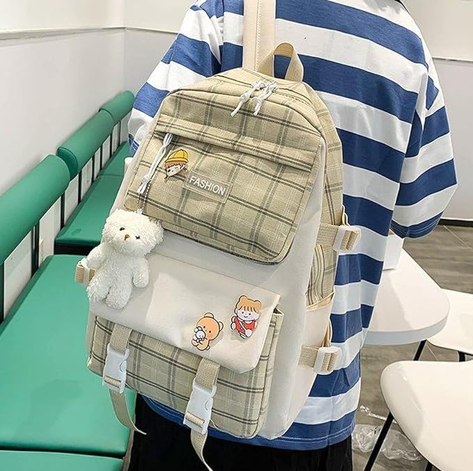 Aobiono 5Pcs Kawaii Plaid Backpack Set Aesthetic Preppy Cute Check with Pins Bear Pendant Light Academia School Supplies Kit