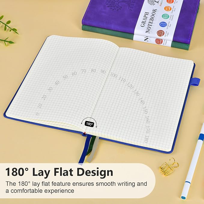 PERCUN A5 Hardcover Graph Paper Notebook, 5.9”x8.5” Leather Journal for Women & Men, 160 Pages Grid Paper Composition Notebook for Work, School, Math, Quad Ruled Writing Journals,Graphing (Navy)