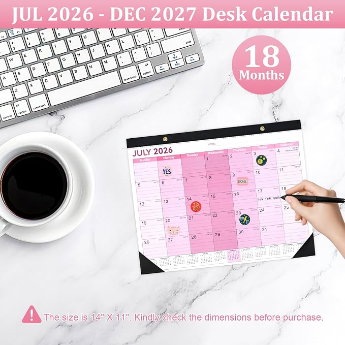 Desk Calendar 2026-2027, 14" X 11" Desktop Calendar 2026-2027, 18 Months Calander Runs from July. 2026 to Dec. 2027, Academic Monthly Planner for Home School Office (Pink)