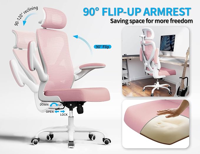 Ergonomic Office Chair: Mesh Desk Chair Comfy with Headrest& Lumbar Support | Ergalithic Big and Tall Office Chairs with Wheels & Flip-Up Arms-Computer Gaming Chairs for Adults Home Office Chairs(Pink)