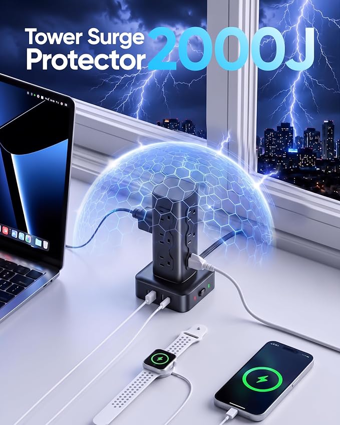 Power Strip Tower Surge Protector(2000J), Flat Plug Charging Station Tower with 12 AC Outlets & 4 USB Ports(2 USB C), 6FT Extension Cord for Home Office Dorm, Black