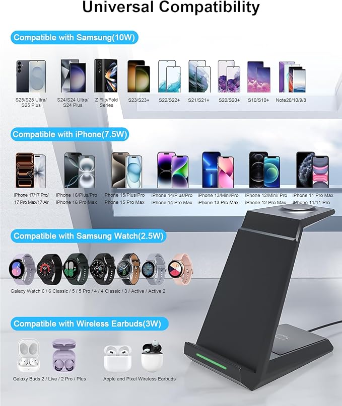 Wireless Charger for Samsung, ADADPU 3 in 1 Charging Station for Multi Devices Fast Charger Stand Dock for Galaxy S25 S24 S23 S22 S21,Galaxy Watch 7/6/5/4/3/Pro,Galaxy Buds(with 5ft Cable & Adapter)
