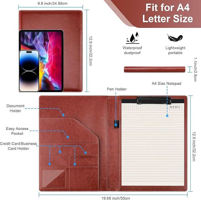 Padfolio Clipboard, Portfolio Organizer with Notepad, Premium PU Leather Clipboard Folder for Legal Pad, Versatile Clipfolio with Storage, Letter Size Document Holder for School Office