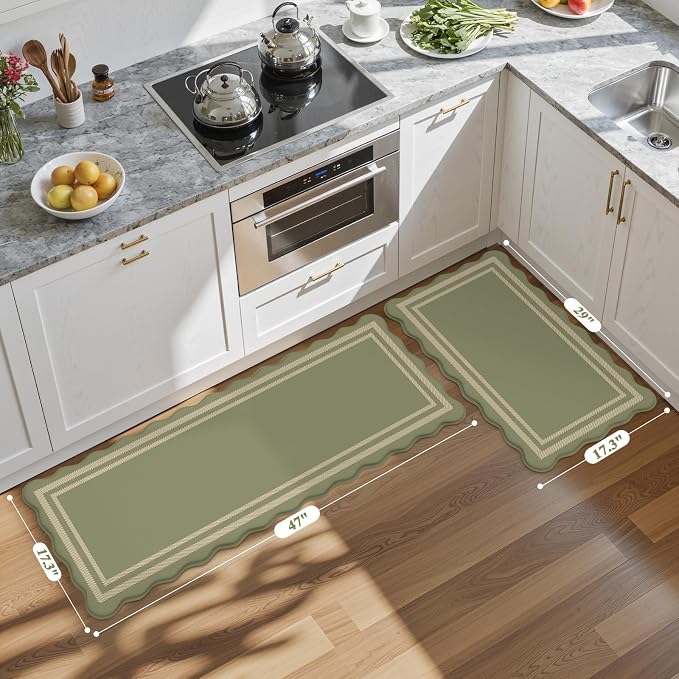 KIMODE Anti Fatigue Mats for Kitchen Floor,Farmhouse Kitchen Rugs Sets of 2 | 17"x47"+17"x29" Cushioned Kitchen Floor Mat Non Skid, Memory Foam Kitchen Mat for Laundry Office Sink Desk Dorm Olive Green