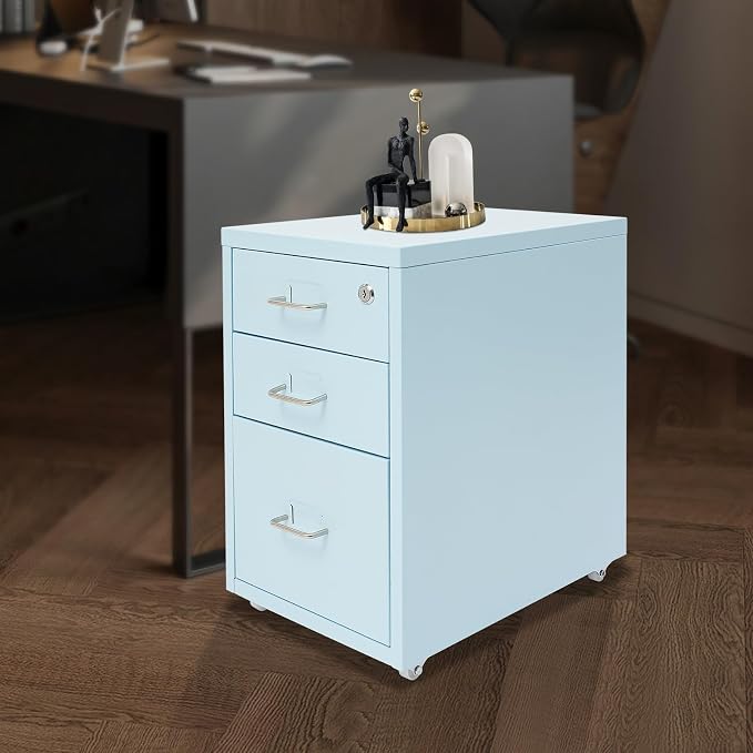 3 Drawer File Cabinet with Lock, Freestanding Filing Metal Drawers Organizer Vertical Metal Rolling Organizer Movable Under Desk Cabinet with Wheels for Home Office Living Room Study (3 Tiers Blue)