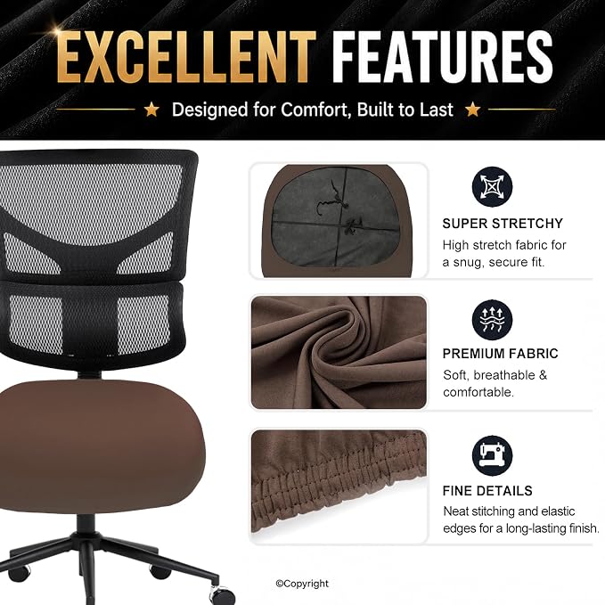 DIVA EN CAMINO DEC Stretchable Desk Office Chair Seat Cushion Covers - Universal Spandex Computer Chair Slipcover - Removable Washable Cushion Protectors for Dogs, Cats, Pets (Mocha)