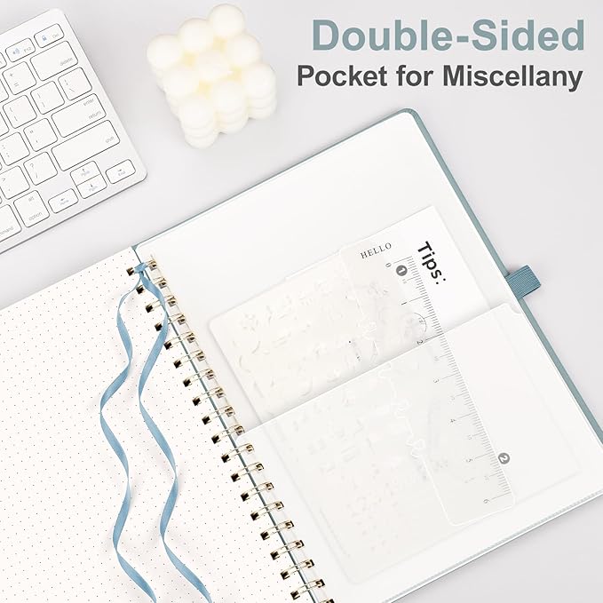 AHGXG HGXG Dotted Journal Spiral Notebook, Large B5 Dotted Notebook 140 Pages, Leather Hardcover, 100 GSM Thick Dot Grid Paper, Inner Pocket, for Dotted Journaling, 7.6" x 10", Gray Blue
