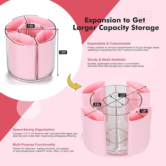 Comix 360° Rotating Pen Holder for Desk, Pink Pencil Holder with 5 Slots | Expandable Capacity, Acrylic Pen Organizer Easy to Clean, Cute Pencil Cup for Home School Office Art Supplies
