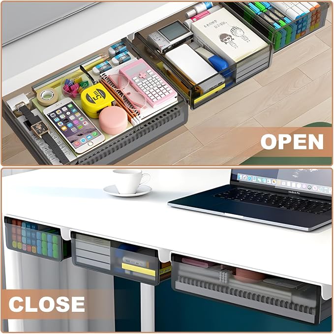 SVNNELP Under Desk Table Drawer Storage Organizer,3 Pack Large & Medium & Small Slide Out Desk Drawers - Hidden Desktop Organizer,Attachable Pencil Storage Tray Under Table(SML)