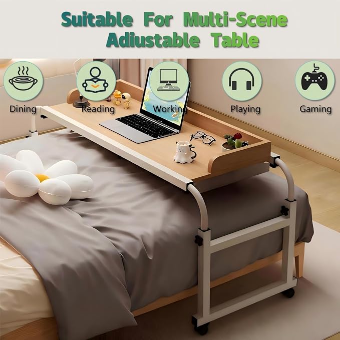 Overbed Table with Wheels and Desktop Enclosure, Height and Length Adjustable Over Bed Desk King Queen Bed Table Overbed Laptop Table (Walnut)