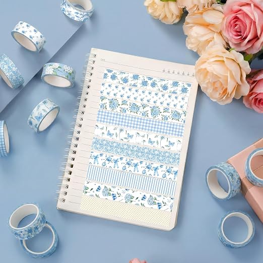 12 Rolls Watercolor Floral Washi Tape Set 15 mm Vintage Flower Decorative Masking Tape for Summer School Arts DIY Craft Scrapbook Journal Supplies Gifts(Blue,Rose)
