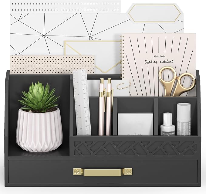 Wisuce Bamboo Mail Organizer Countertop with Drawers, Wooden Desk Organizer File Bill Sorter Storage Box for Desktop Letter Envelope Countertop Holder for Office Home School Organization