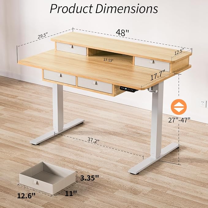 Kingant Electric Standing Desk with 4 Drawers,USB Charging Ports 48"x 30" | Ergonomic Height Adjustable Large Workstation, Heavy-Duty Sit Stand Up Desk For Home Office Daily Work,Nature