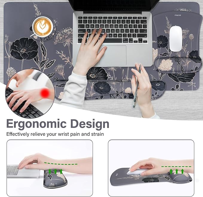 MOSISO Keyboard Mouse Pad Set, Large Gaming Mouse Pad&Keyboard Wrist Rest&Mouse Wrist Rest&Coaster, Ergonomic Non-Slip Retro Flower Floral Mousepad with Raised Memory Foam for Home Office, Gray
