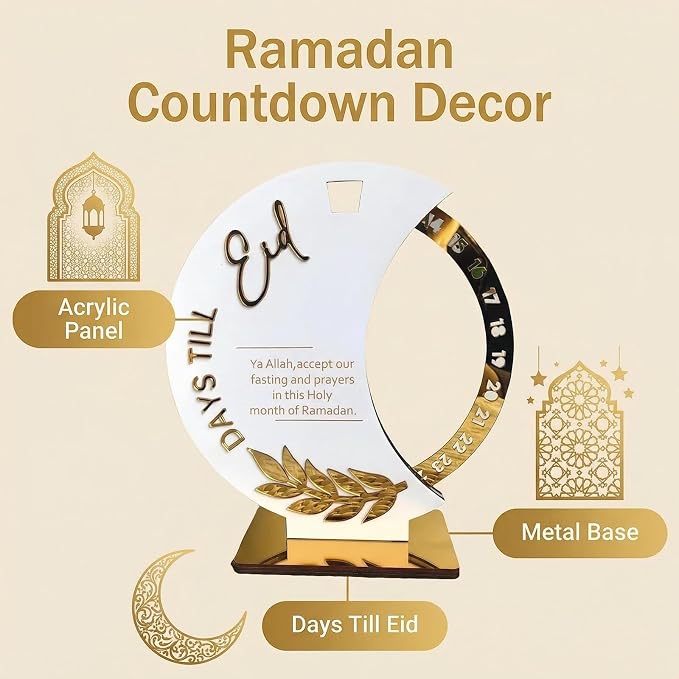 Ramadan Countdown Calendar - Elegant Acrylic Circle with 30 Day Flips, Eid Mubarak Home Table Decor, Islamic Festival Gift & Celebration Reminder for Family (Countdown Calendar-White)