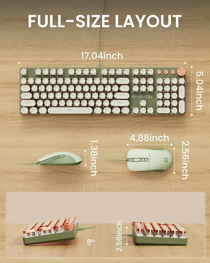 SEUNKWANG Wired Typewriter Keyboard and Mouse Combo, Retro Mechanical Keyboard with Multimedia Knob, White Backlit, Metal Panel, Low Noise Pink Switch Keyboard Mouse Set for PC Laptop - Green