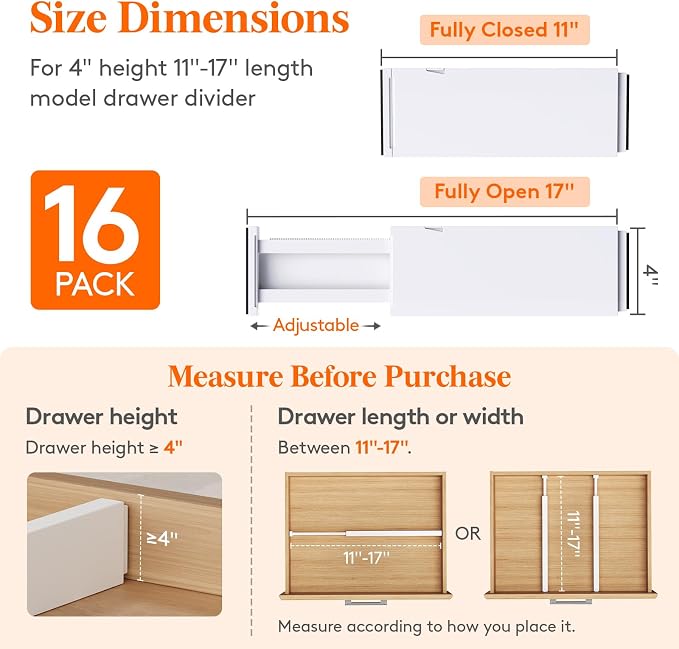 Lifewit 16 Pack Upgrade Drawer Dividers for Clothes, 4" High 11-17" Adjustable Dresser Drawer Organizers, Expandable White Plastic Drawer Separators for Kitchen, Nursery, Office Organization & Storage