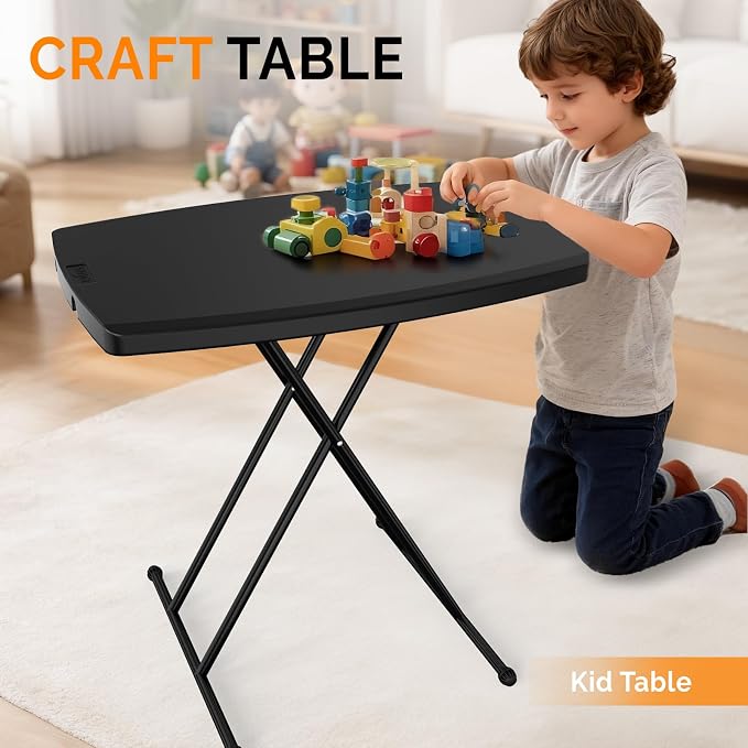 VINGLI Small Folding Table Portable, 30" Adjustable Height Personal Laptop TV Tray, Camping Table, HDPE Plastic Top with Steel Frame,Black