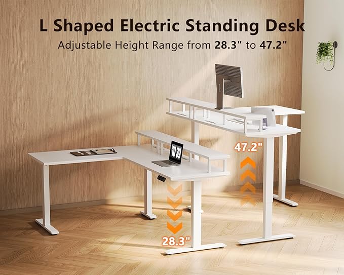 AODK Electric L-Shaped Standing Desk, 59 Inch Height Adjustable Office Desk with Monitor Stand, Sit-Stand Desk with Power Outlets, Large Lift Table for Home, Office, Workstation, White
