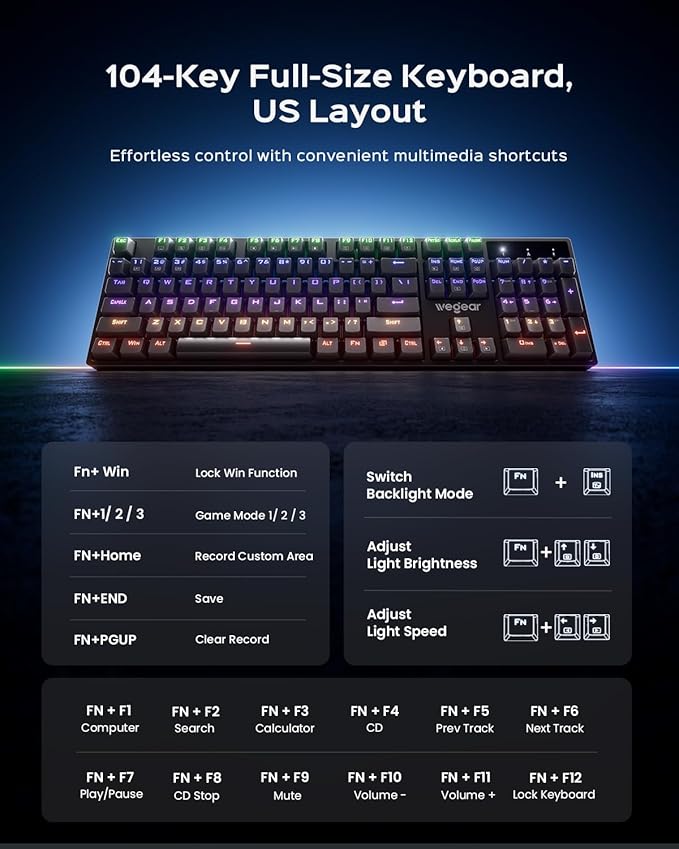 Mechanical Gaming Keyboard with Blue Switch, 104-Key Full Size RGB Backlit Wired Keyboard（11 Modes, Anti-Ghosting, Double-Shot ABS Keycaps, Lighted Computer Key-Board for PC Windows-Black