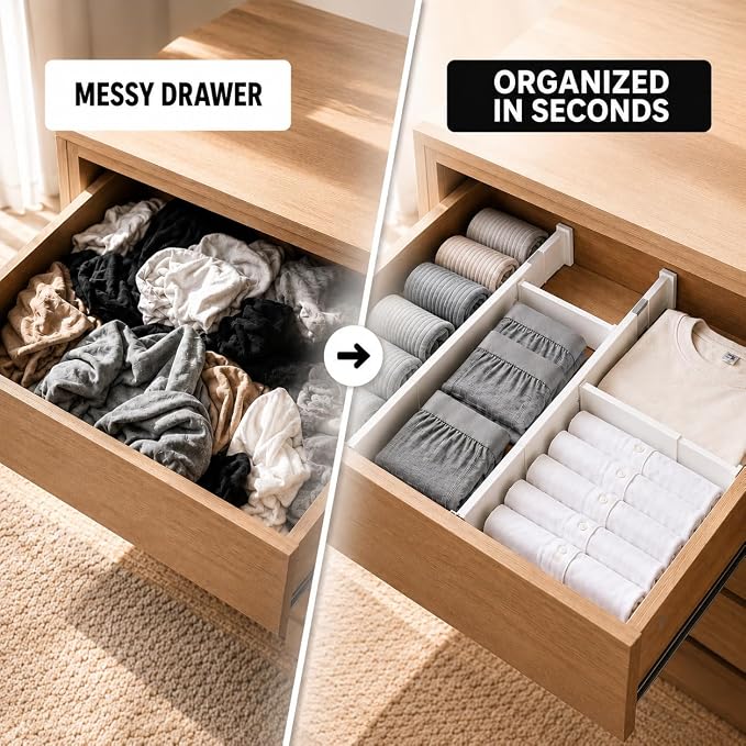 Adjustable Drawer Divider, 1 Pack, Expandable 14.7–21" Drawer Organizer with Non-Slip Ends, Easy Install for Kitchen Drawers, Dressers, Closets & Home Storage, White