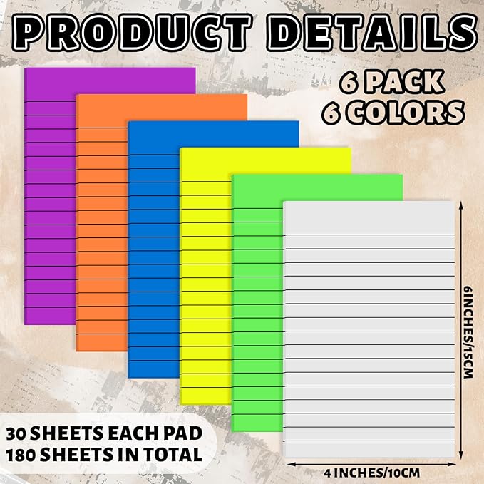 Yinder 6 Pack 180 Sheets Pastel Transparent Sticky Notes Translucent Clear Lined Self-Stick Note, Back to School Gifts for Bible Tabs, Book Tabs, School Supplies, Office, 4 x 6'' (Bright Color)