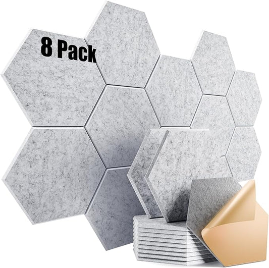 8 Pack Self-Adhesive Acoustic Panels 12" X 10" X 0.4" - Sound Proof Foam Panels for Wall with High Density, Hexagon Design, Flame Resistant, Absorb Noise and Eliminate Echoes(Silver Gray)