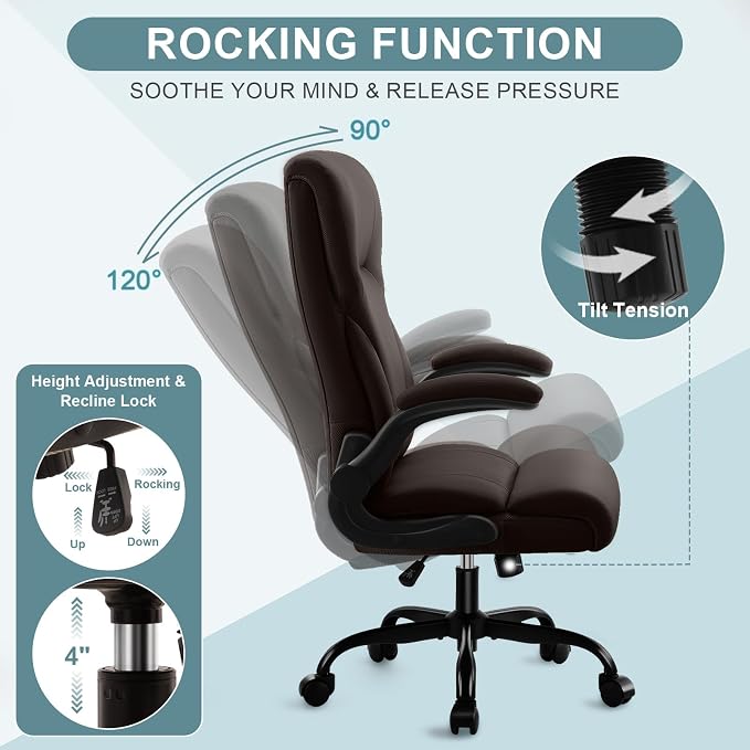 Executive Office Chair,High Back Ergonomic Comfy Desk Chair with Padded Flip-up Armrests,PU Leather Heavy Duty Computer Swivel Rolling Task Chair for Home Office,Adults,Dark Brown