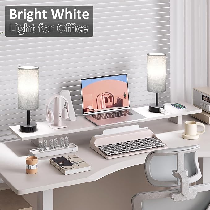 Fenmzee Grey Bedside Table Lamps Set of 2-3 Color Temperatures Pull Chain Lamp with AC Outlet Charging Port, Round Night Stand Lamps for Bedroom Office, Small Bed Side Light with E26 LED Bulbs