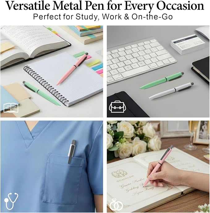 Cambond Ballpoint Pens Black Ink - Metal 1mm Medium Point Smooth Writing Click Pens Bulk, White Pink Green Retractable Pen Set for College Student Office Woker Nurse(3 Pens with 3 Refills)