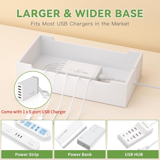 Pezin & Hulin Bamboo Charging Dock Station for Electronic Devices-White | Docking Organizer for Phone and Tablets, Smart Watch, Earbuds, Power Strip Box (Included 5-Port USB Charger and 6 Cables)
