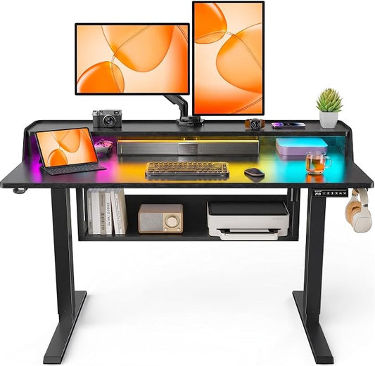 ErGear Electric Standing Desk, 48x24 Inch Adjustable Sit Stand Desk with Bookshelf & Monitor Stand, Standing Gaming Desk with LED Light Strip, Stand Up Desk for Home Office, Black | Raised Monitor Stand, 27.9–46.9 Inch Height Range, 4 Memory Presets, 1...