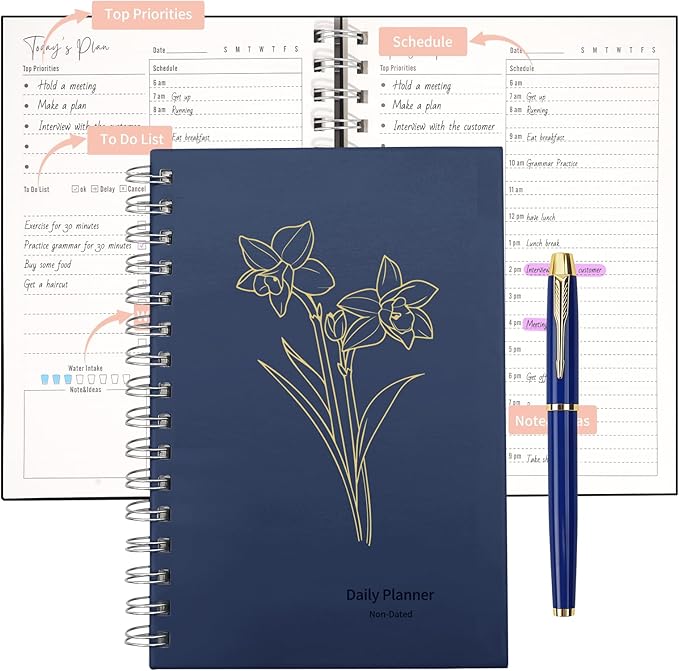 Vebermo 2026 Daily Planner Notebook, Spiral Journals with Pen Set, A5 Hardcover Academic Hourly Schedules Appointment Planner for Office Home School, DeepBlue