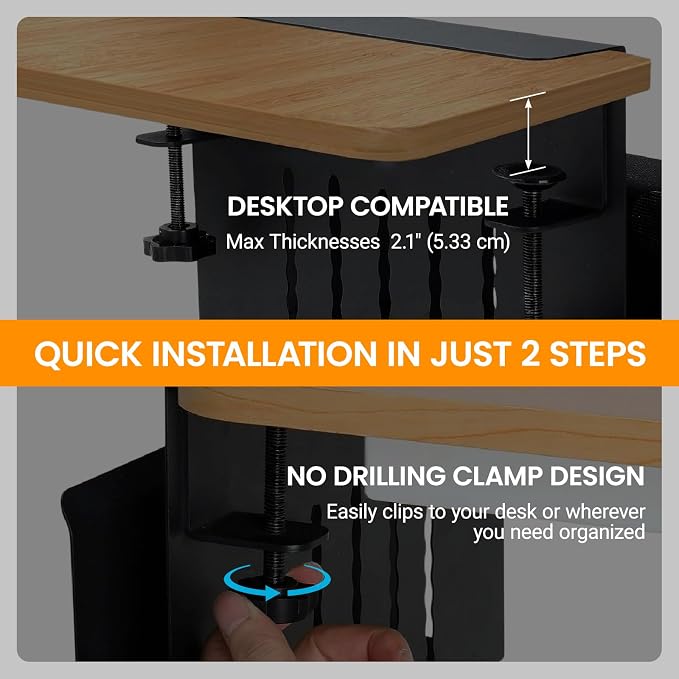 UIN Desk Side Storage, Steel Hanging Desk Organizer with Magnetic Pen Holder, No Drill Laptop Holder, Clamp on Laptop Mount Table Hanging Storage for Office Home, Fits Flat Edge Tables 0.3" to 2.1"